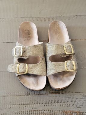 Cliffs by WHITE MOUNTAIN Gold Metallic Double Buckle Slide Sandals